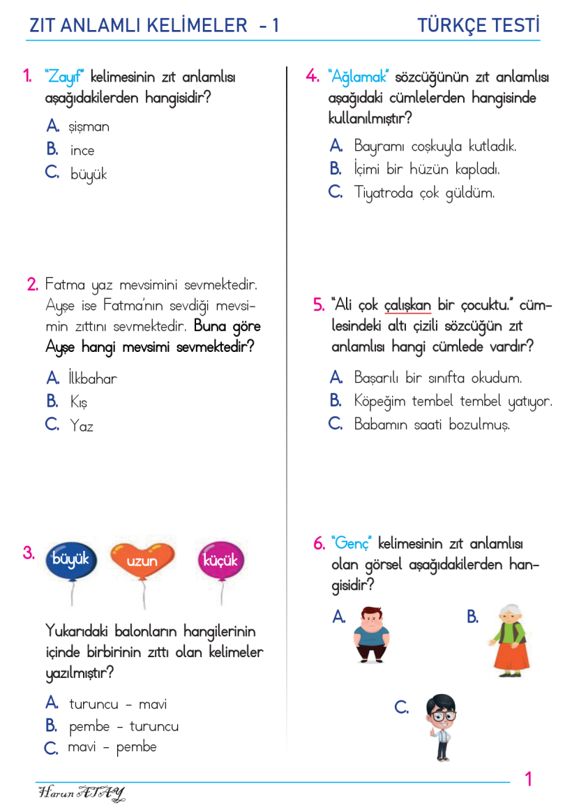 Türkçe Zıt Anlamlı Kelimeler Testi