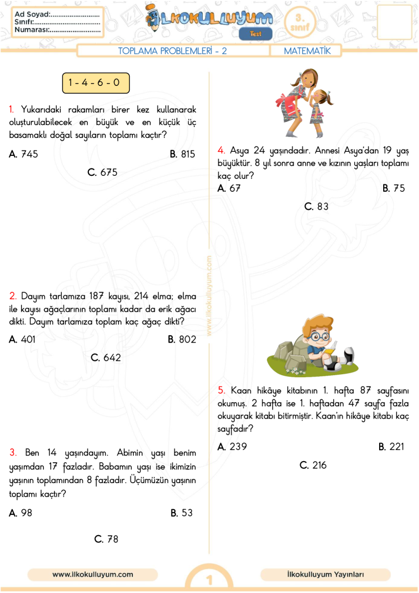 3 sınıf matematik üç basamaklı doğal sayılarla toplama işlemi