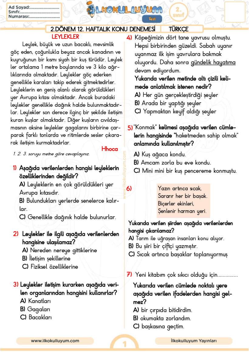 2.Sınıf 2.Dönem 12.Haftalık Konular Denemesi Türkçe
