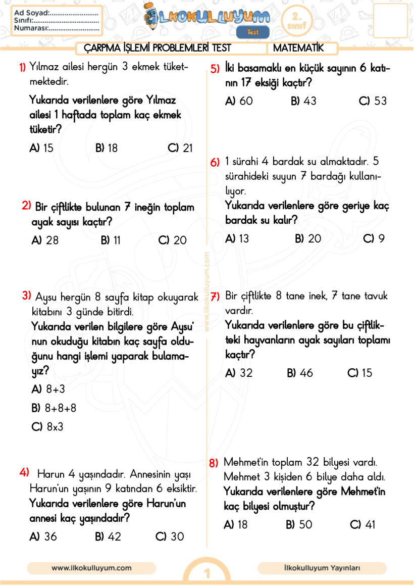 2.Sınıf Matematik Çarpma Problemleri Test(16 Soru)