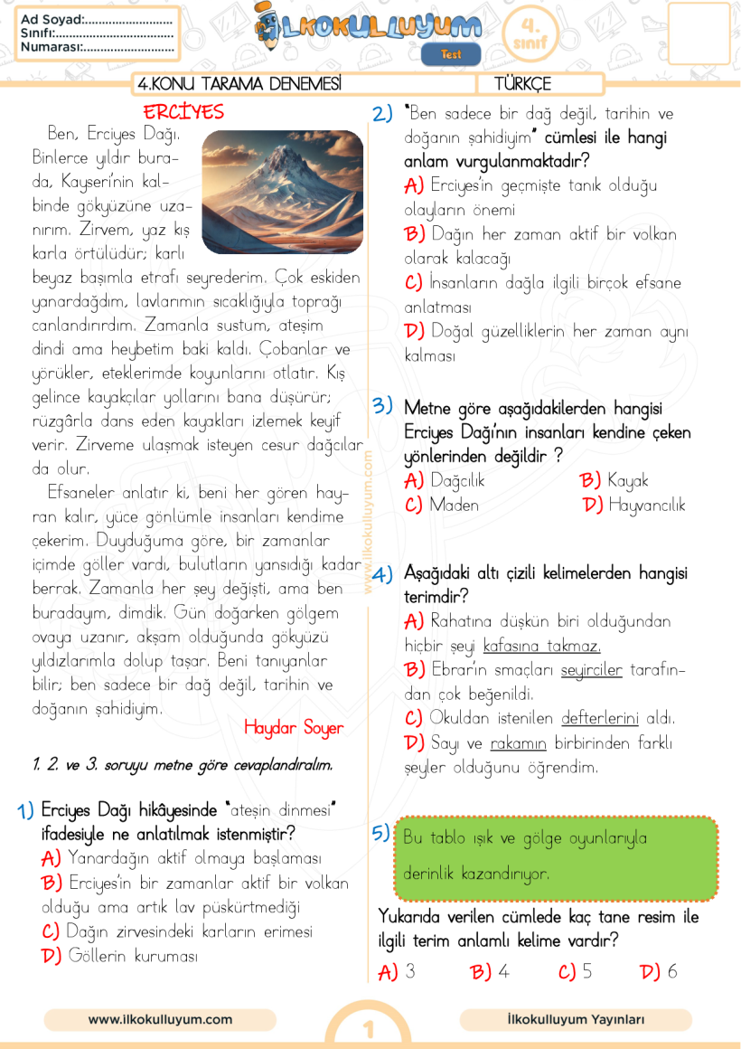 4.Sınıf 4. Konu Tarama Denemesi (7.ve 8.Hafta)