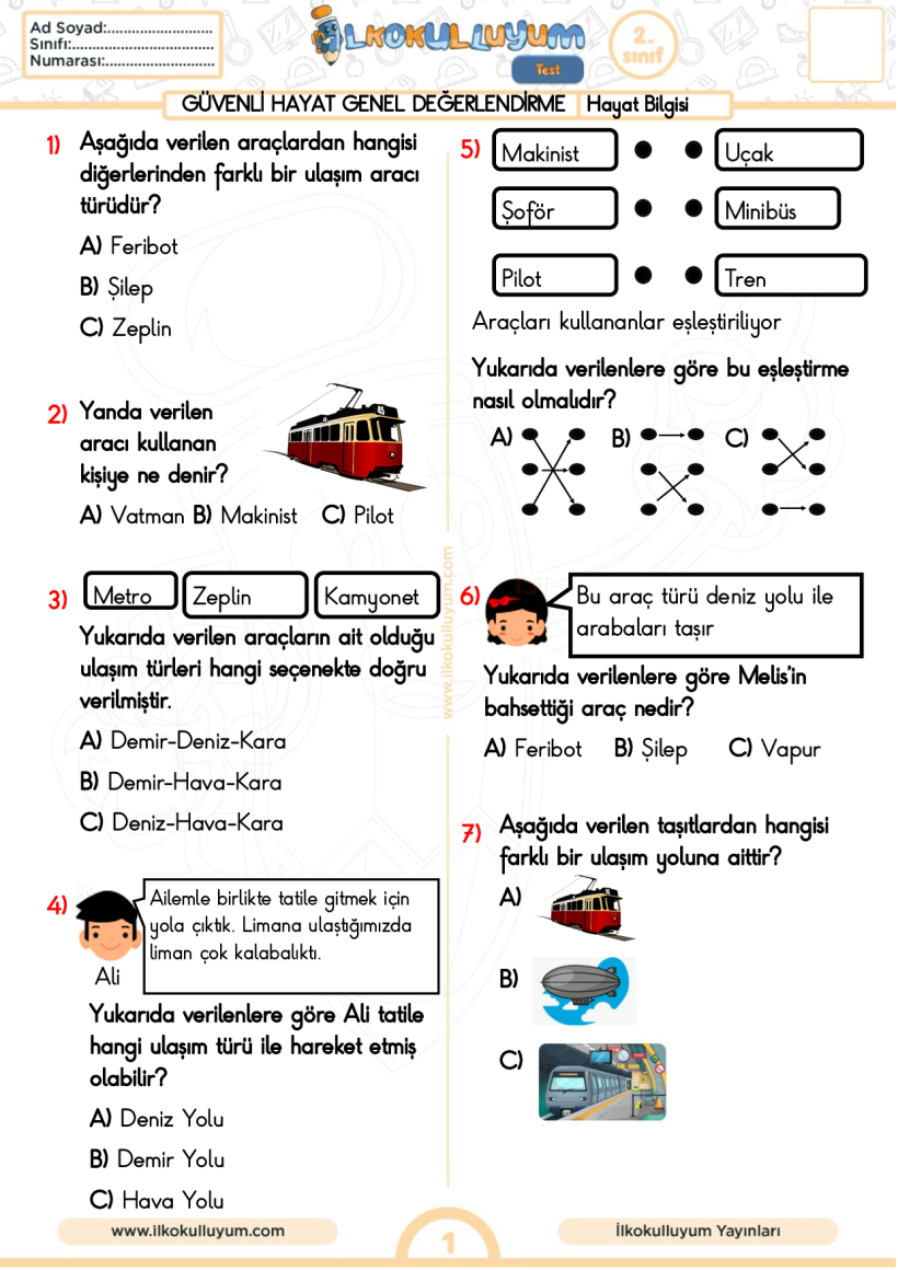 2.Sınıf Hayat Bilgisi Güvenli Hayat Ünite Kavrama Testi(20 Soru)