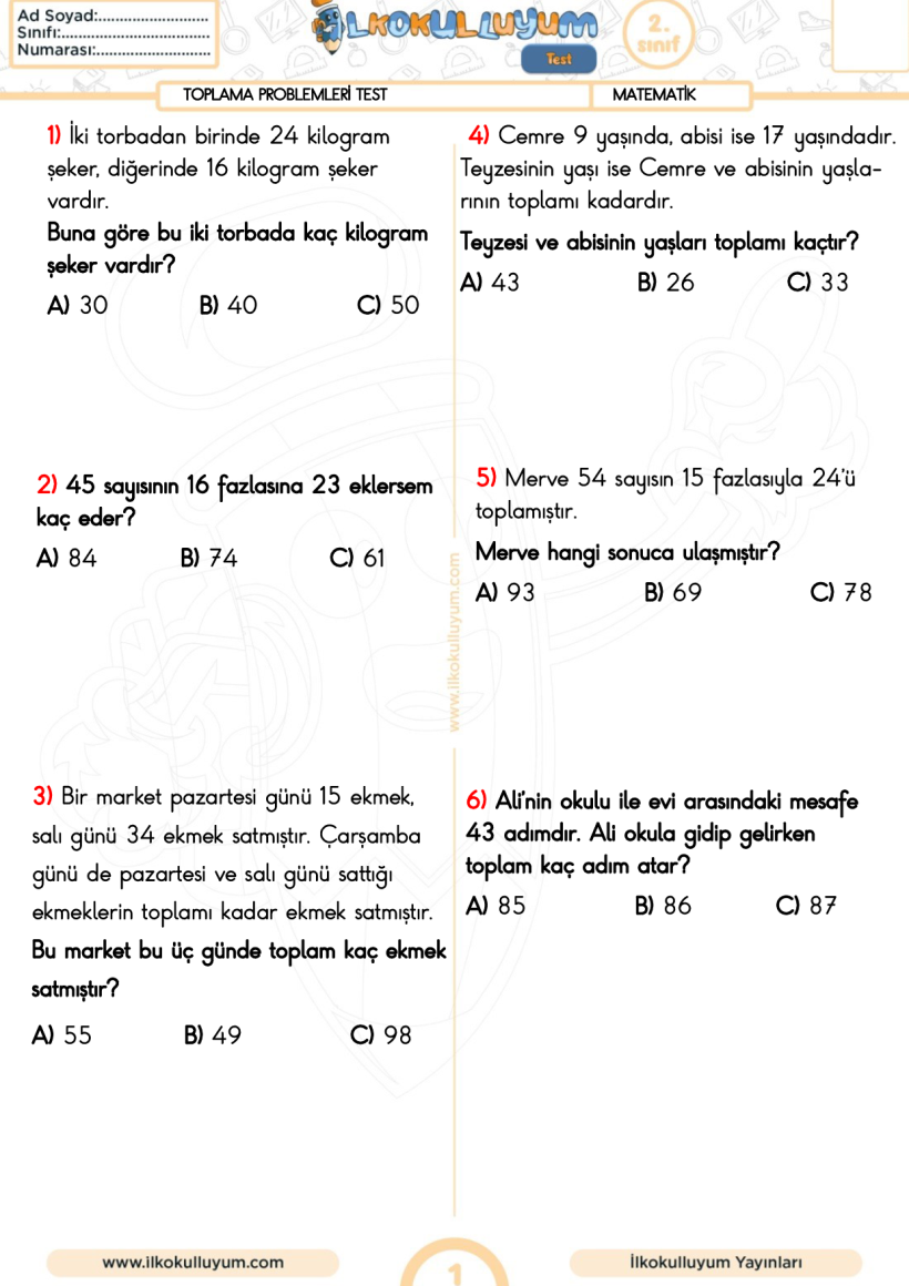2.Sınıf Toplama Problemleri Test (12 Soru) Orta Seviye