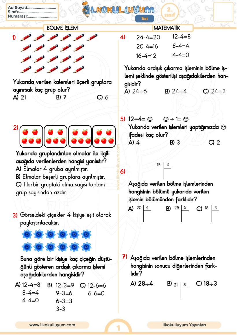 2.Sınıf Matematik Bölme İşlemi Kavrama Testi