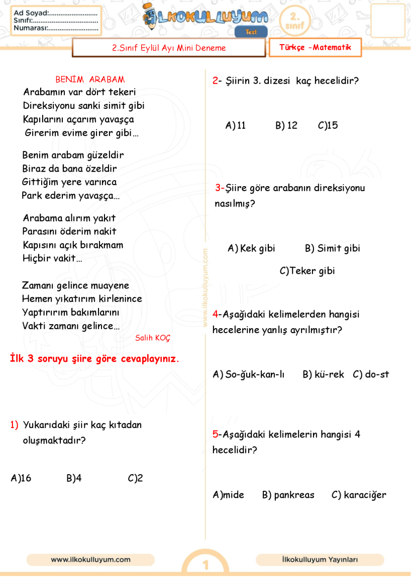 2. SINIF EYLÜL AYI MİNİ DENEME 1