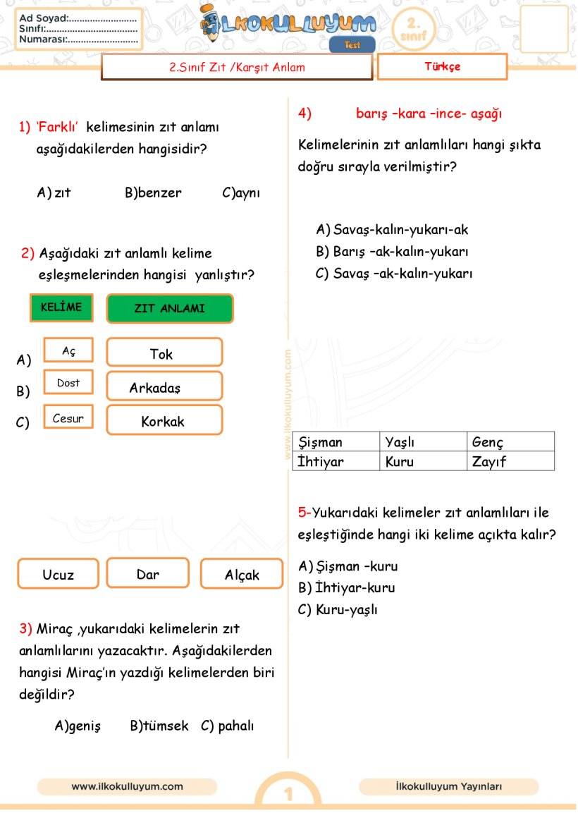 ZIT ANLAMLI KELİMELER