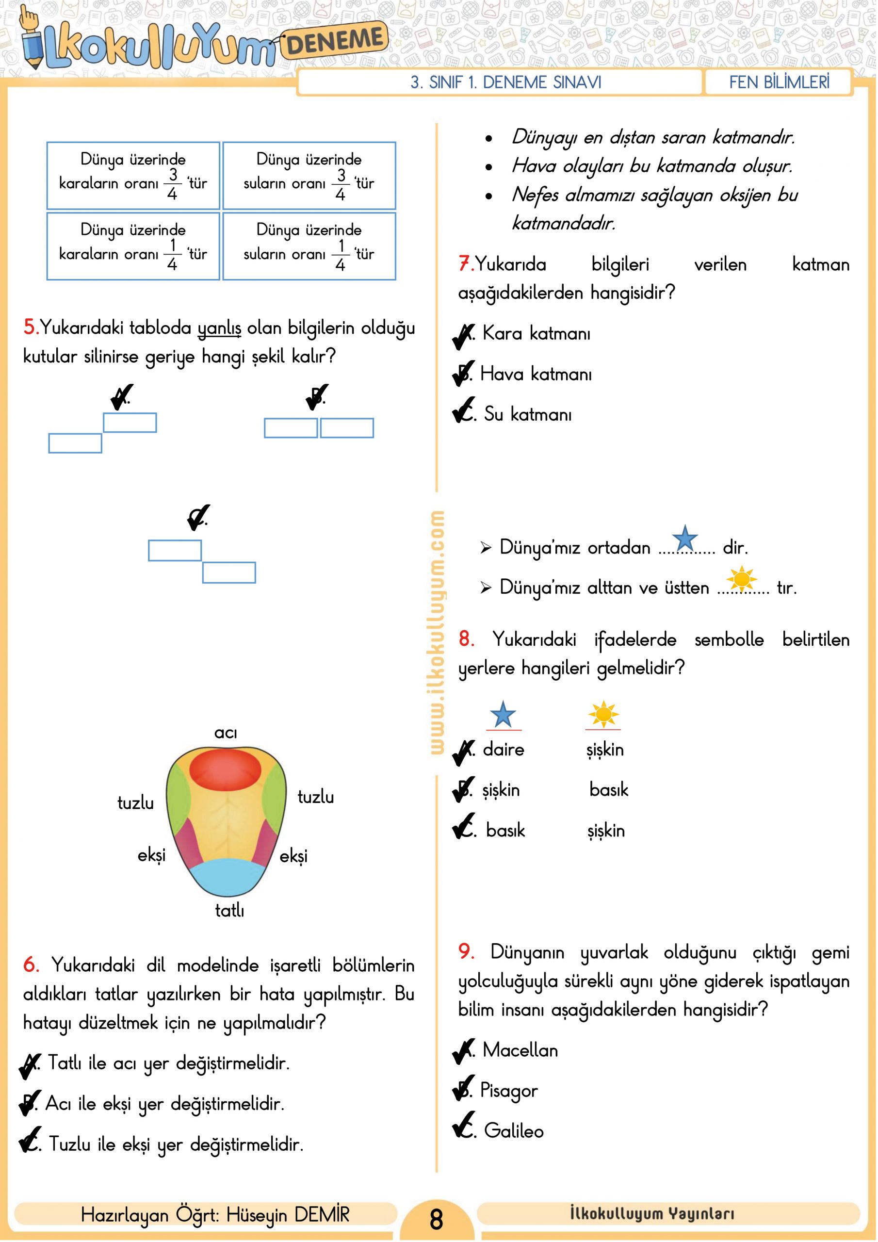 3. SINIF 1. DENEME SINAVI (ETKİLEŞİMLİ VE CEVAP ANAHTARLI) | Dosya