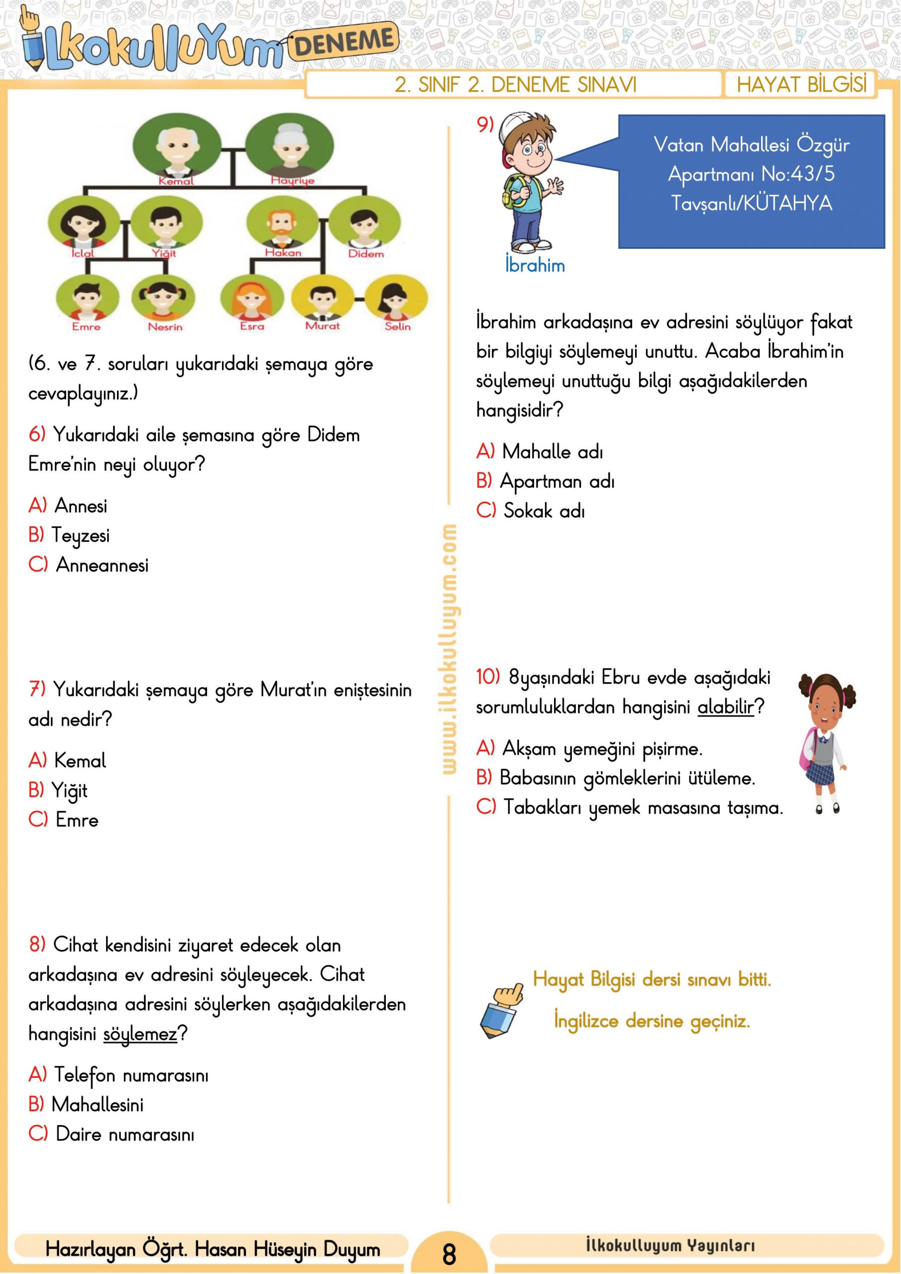 2. SINIF 2. DENEME SINAVI (ETKİLEŞİMLİ VE CEVAP ANAHTARLI) | Dosya