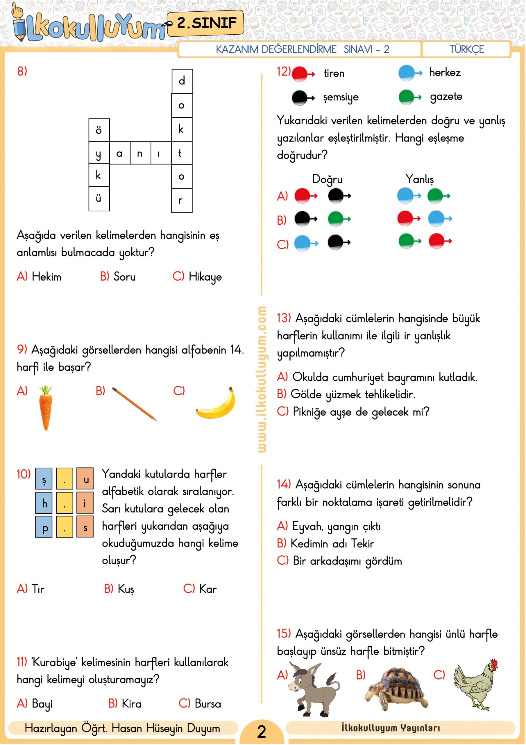 2. SINIF KAZANIM DEĞERLENDİRME TESTİ 2 (ETKİLEŞİMLİ Ve CEVAP ANAHTARLI ...