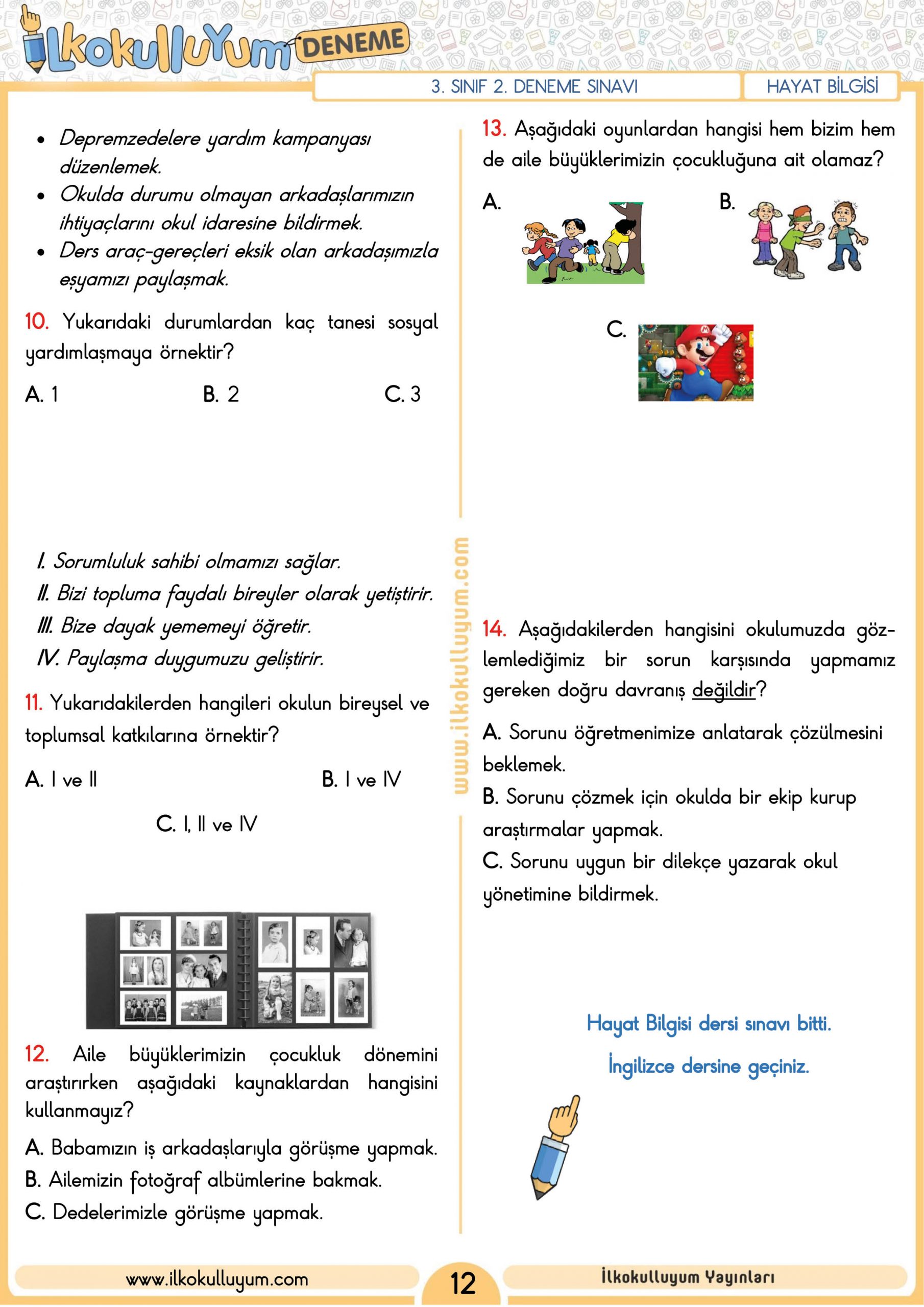 3. SINIF 2. DENEME SINAVI (ETKİLEŞİMLİ VE CEVAP ANAHTARLI) | Dosya