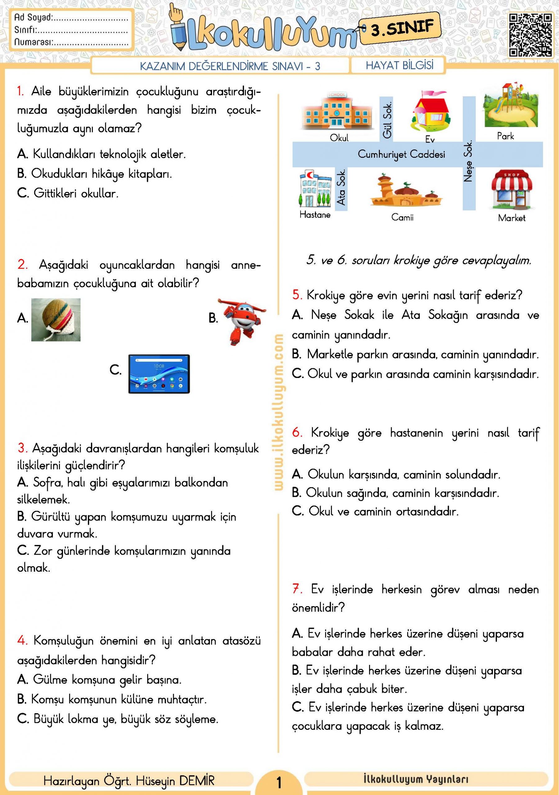 3. SINIF KAZANIM DEĞERLENDİRME TESTİ 3 (ETKİLEŞİMLİ VE CEVAP ANAHTARLI