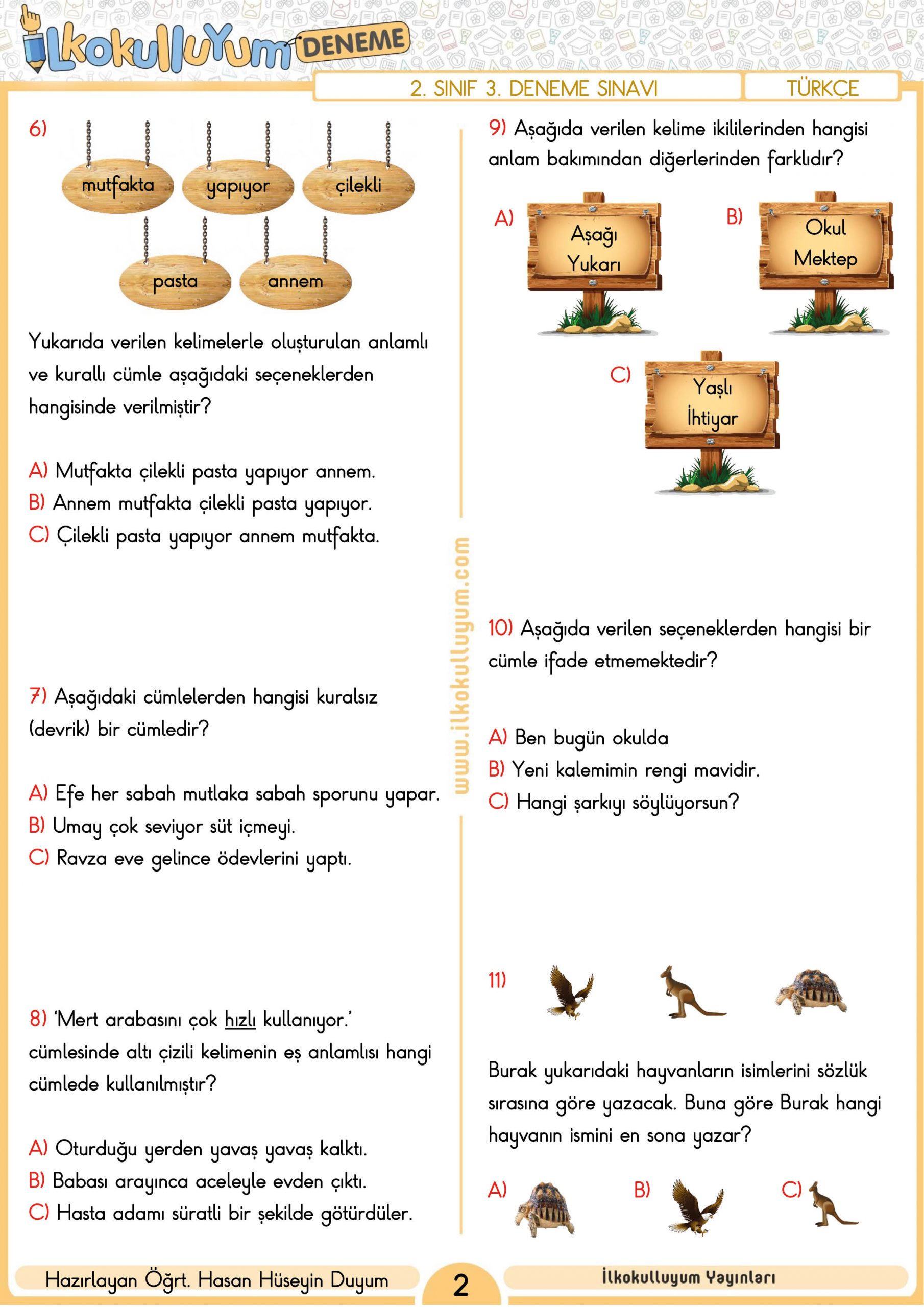 2. SINIF 3. DENEME SINAVI (ETKİLEŞİMLİ VE CEVAP ANAHTARLI) | Dosya