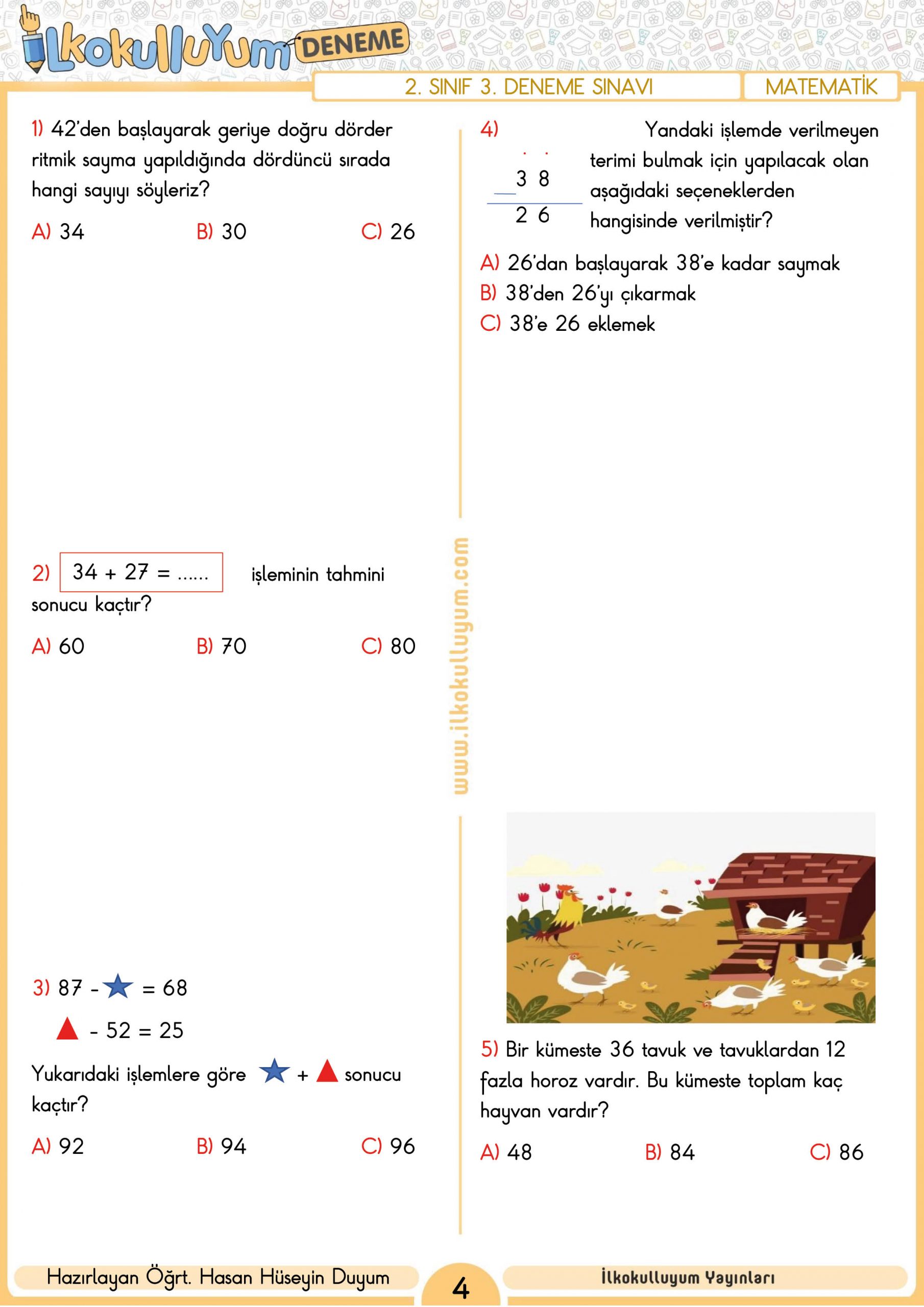 2. SINIF 3. DENEME SINAVI (ETKİLEŞİMLİ VE CEVAP ANAHTARLI) | Dosya