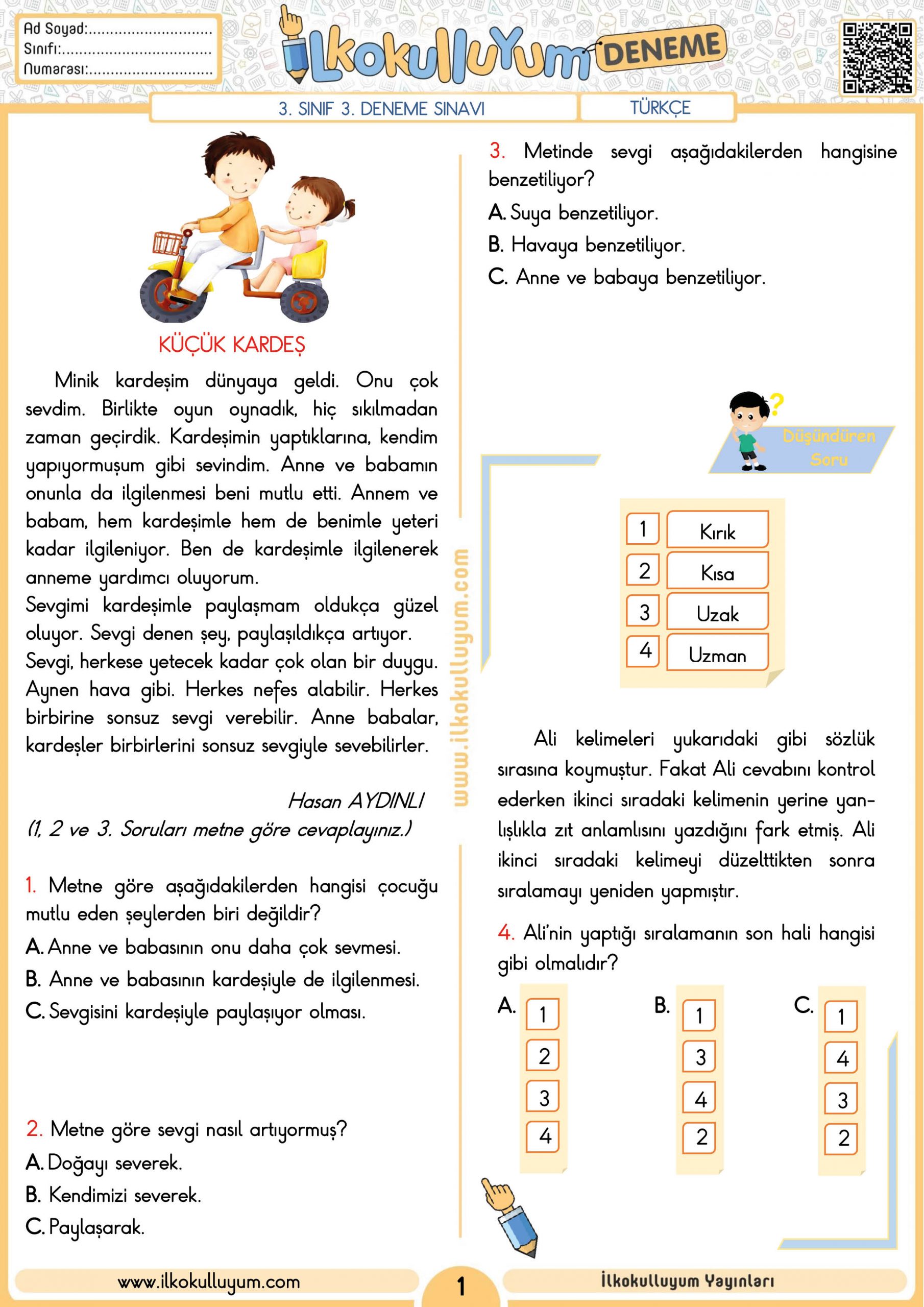 3. SINIF 3. DENEME SINAVI (ETKİLEŞİMLİ VE CEVAP ANAHTARLI) | Dosya