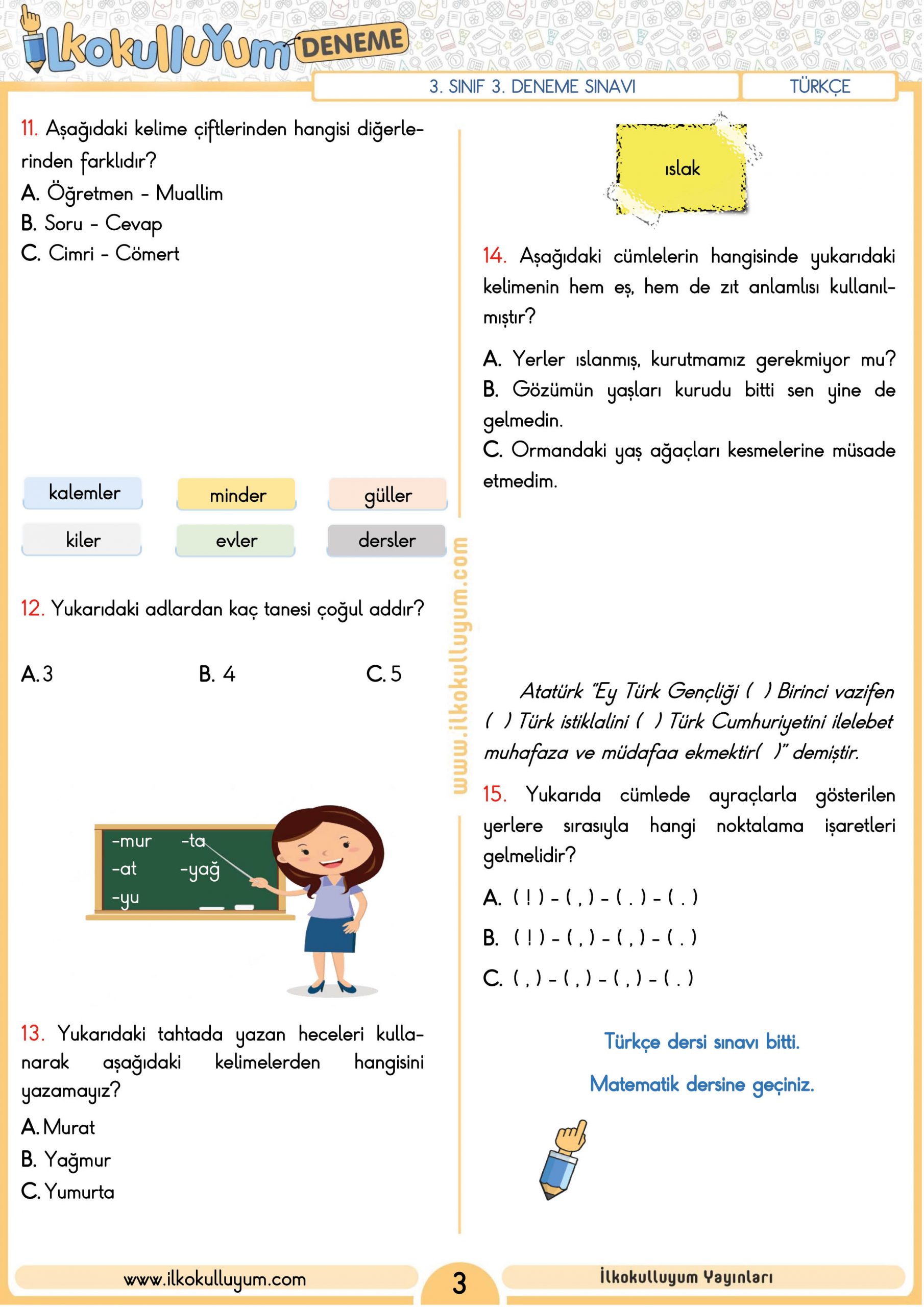 3. SINIF 3. DENEME SINAVI (ETKİLEŞİMLİ VE CEVAP ANAHTARLI) | Dosya