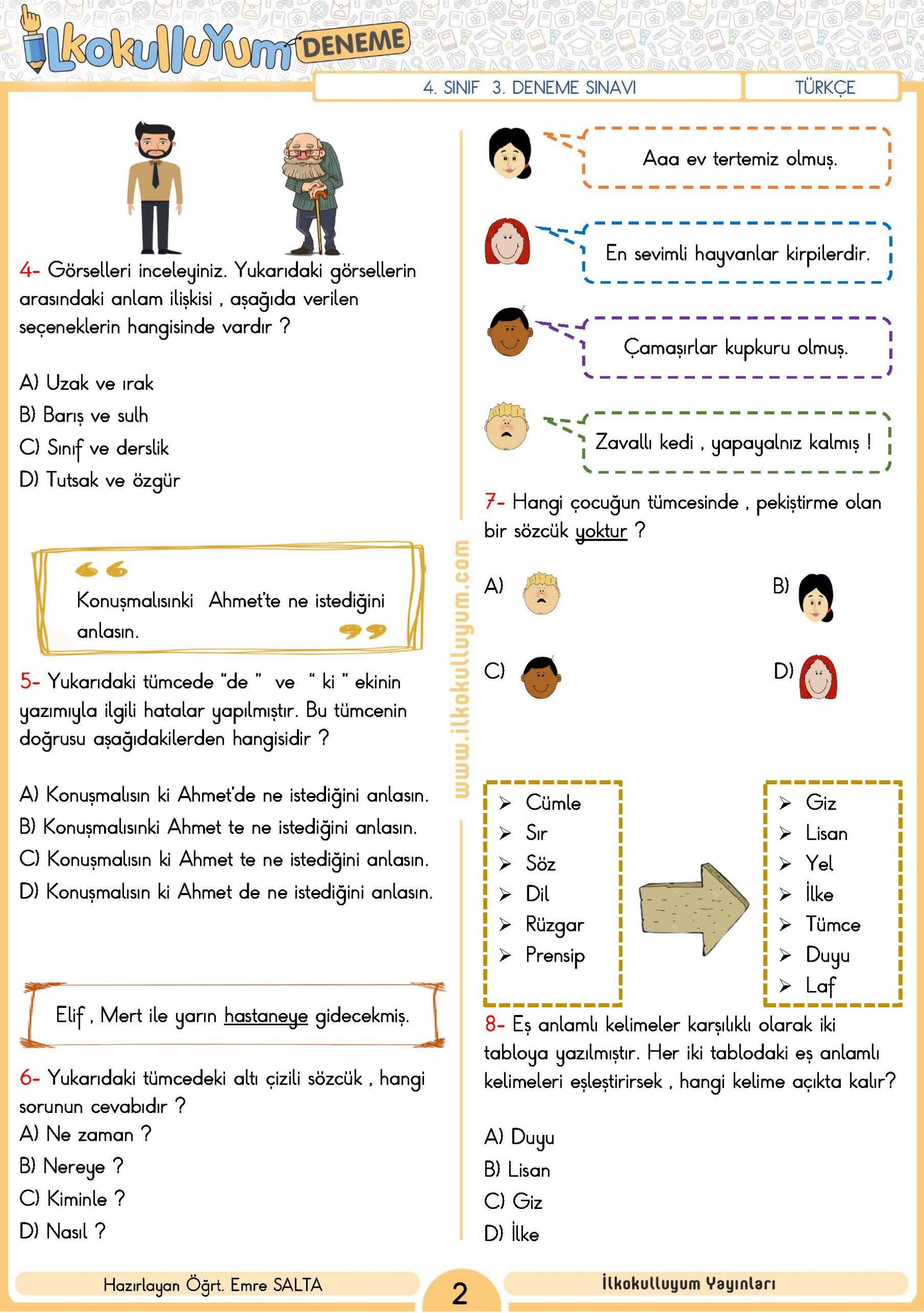 4. SINIF 3. DENEME SINAVI (ETKİLEŞİMLİ VE CEVAP ANAHTARLI) | Dosya